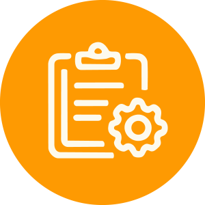 An icon of a clipboard with a gear symbol, all in white on an orange circular background.