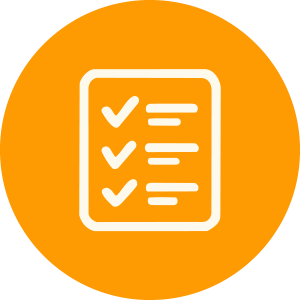 Icon of a checklist with three checkmarks on an orange circular background.