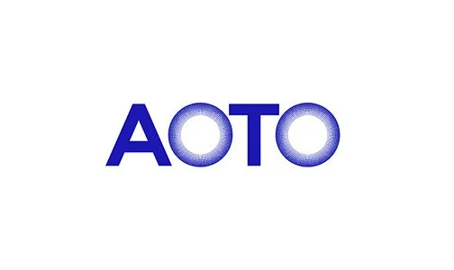 The word 'AOTO' in blue capital letters with circular light effects inside the letters, on a white background.