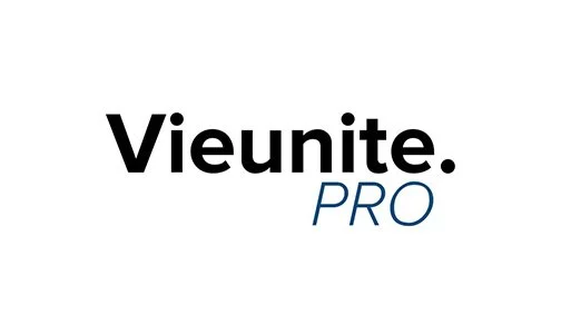 Logos of 'Vieunite. PRO' with bold black text and light blue italic text on a white background.