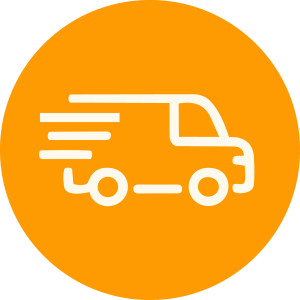 Orange background with white delivery truck icon and speed lines.