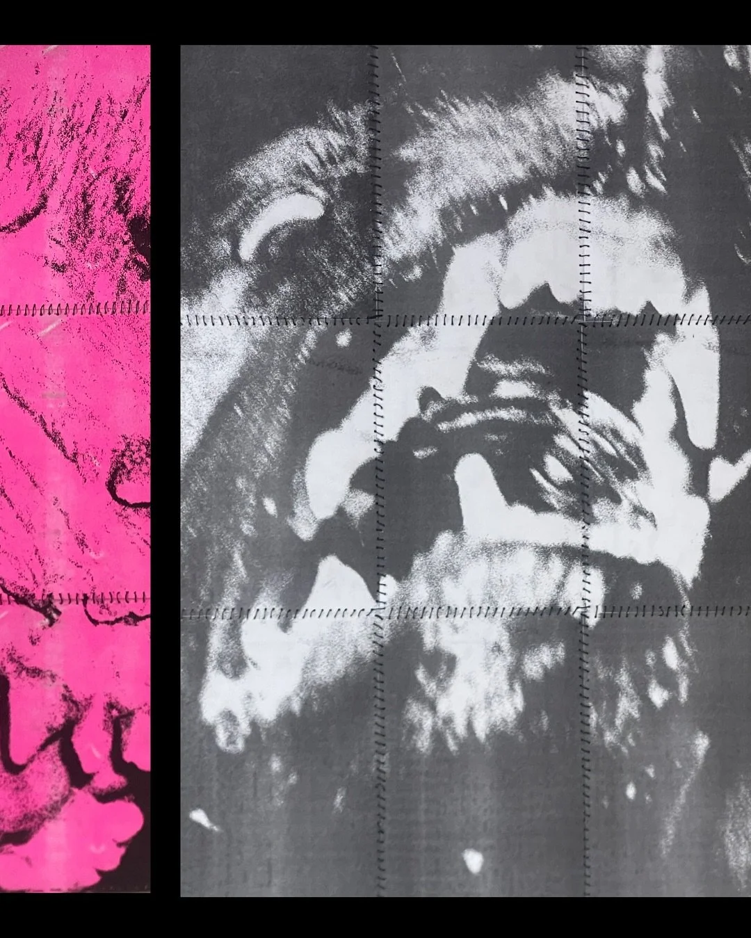 My wall installation hanging now in @tatarbutmehoga as part of the new @zinebibliotheque exhibition 
Riso print, hand stitching, 89x64cm 

 Thanks Mehoga, Omer, Lia, Jacky and Liam for the opportunity and the help 🖤 @omer.sheizaf @healer_killer08 @l