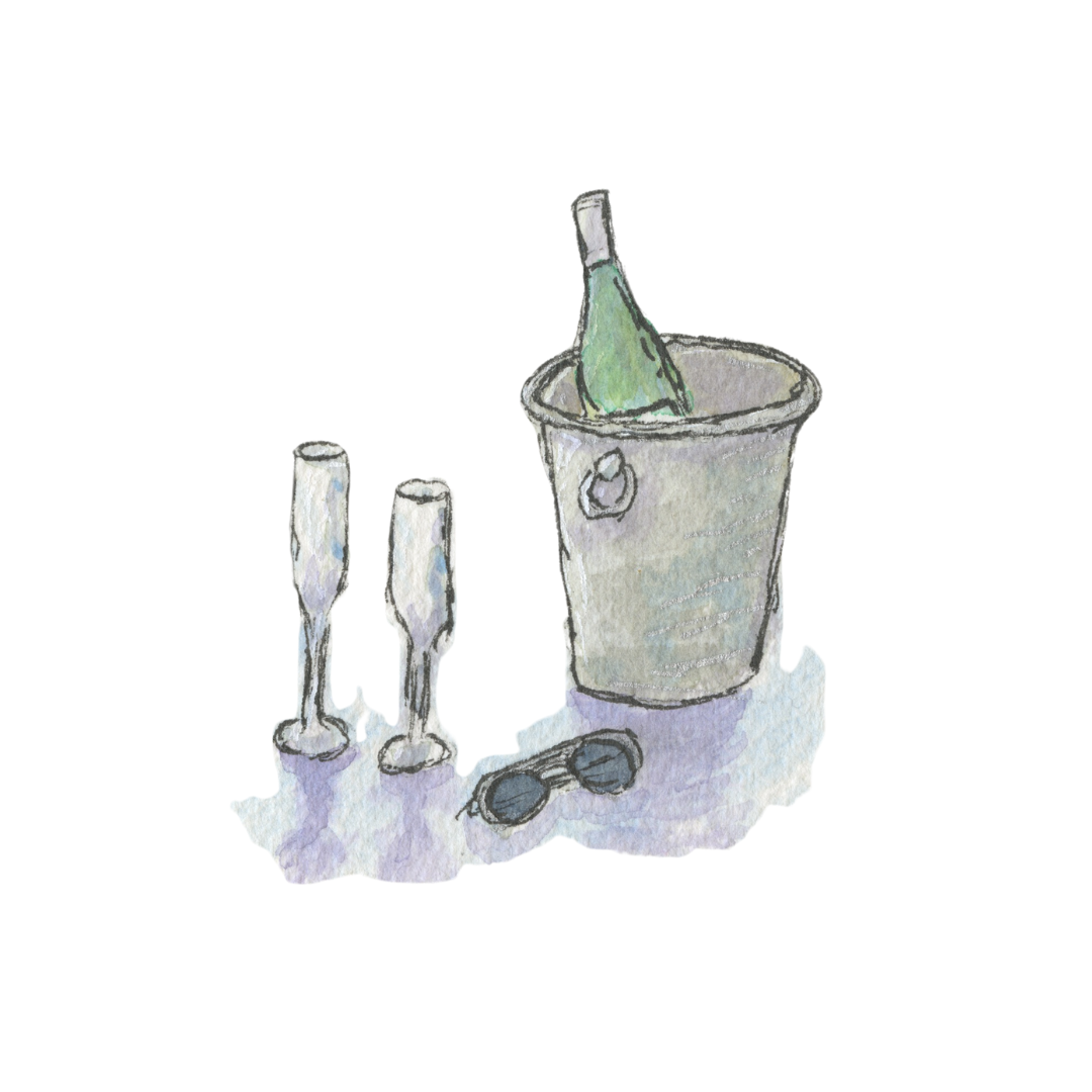 A watercolor illustration of a bottle in a metal bucket, two candles, and a pair of sunglasses on a flat surface at Waresley Park Estate Spa.
