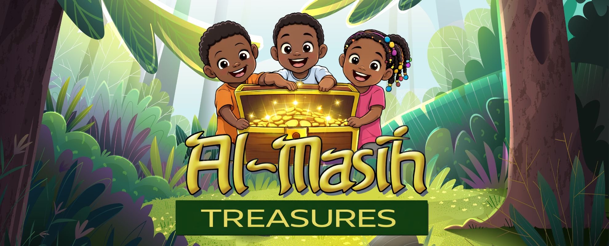 Three children standing in a forest holding an open treasure chest filled with gold coins, with green lush trees and plants in the background, and the words 'Al-Masih Treasures' displayed.