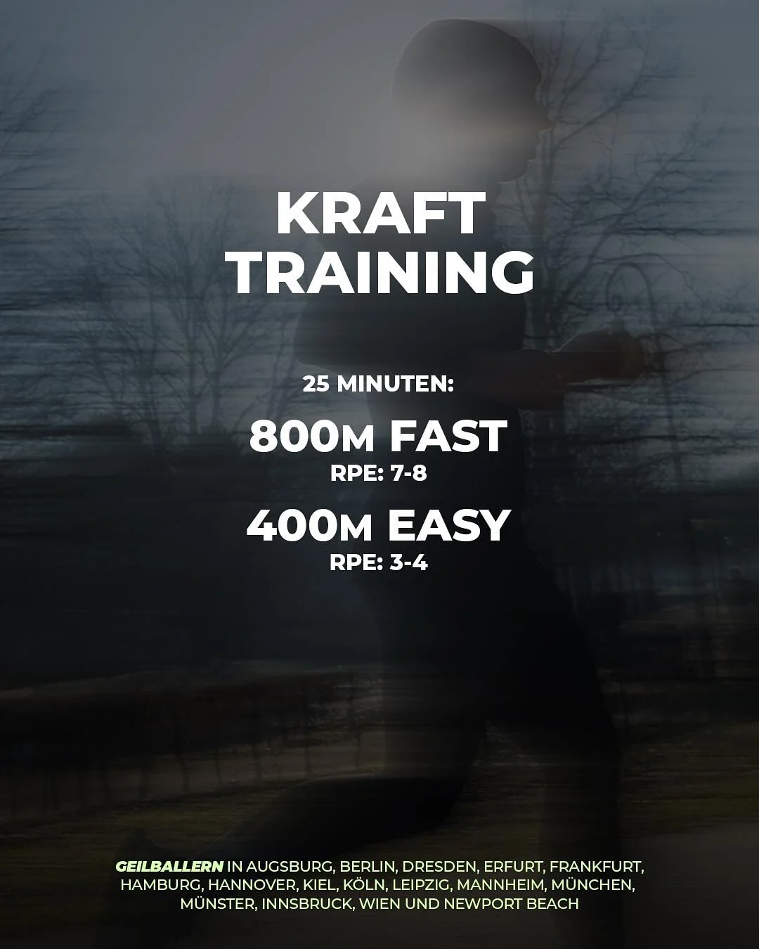 Marathon Season ist over. Jetzt voller Fokus Richtung Winterlaufserie. Wir starten diese Woche mit 800m FAST und 400m EASY.
Unsere Trainings:
Augsburg: Mi., 19 Uhr @bens_gym
Berlin: Di., 19 Uhr am KRAFTRAUM
Hannover: Di., 19 Uhr @feinkiosk
Leipzig: