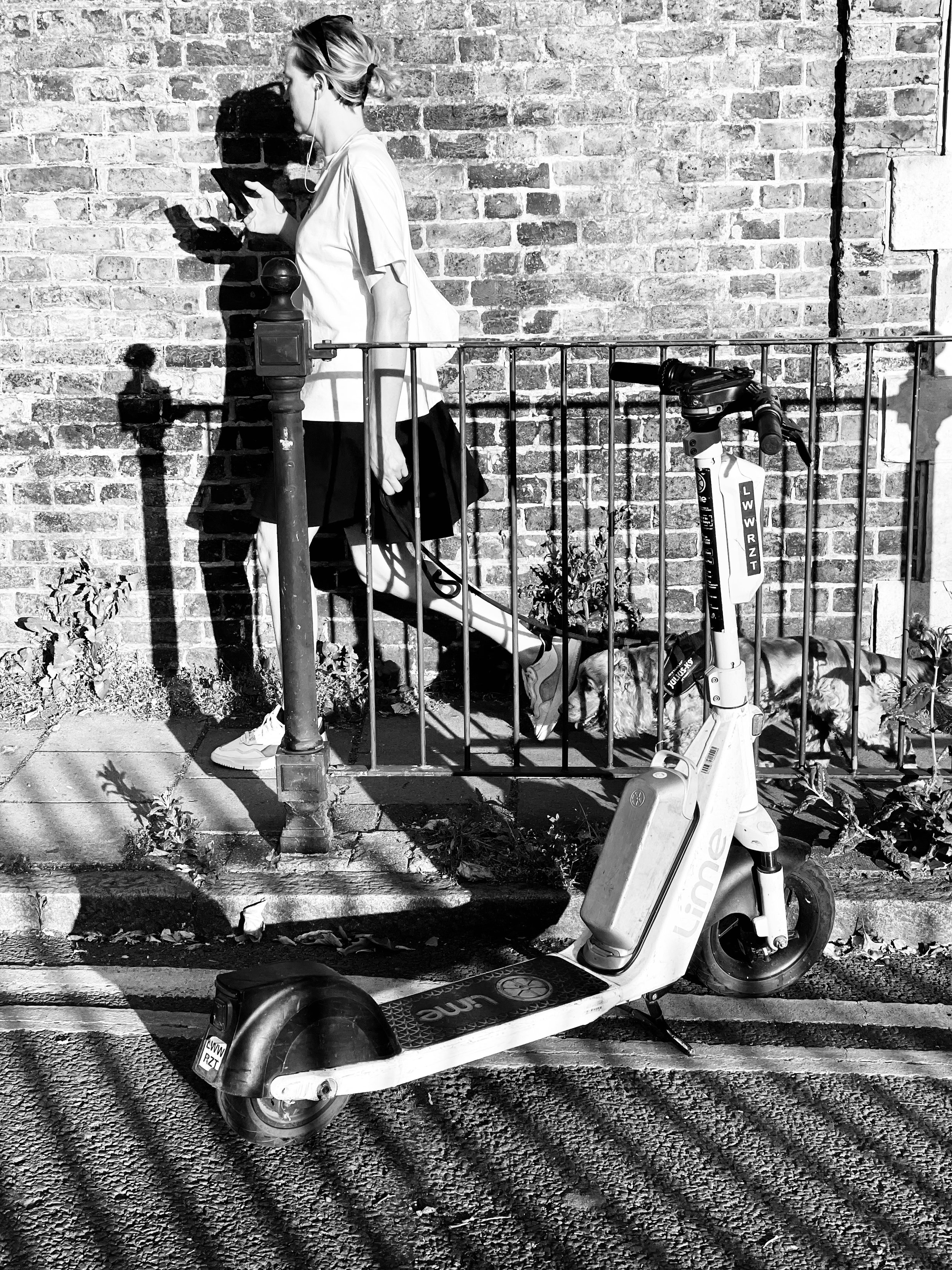 T. Barrington 35-65. Corporation Row. Woman. Phone. Dog. Scooter.