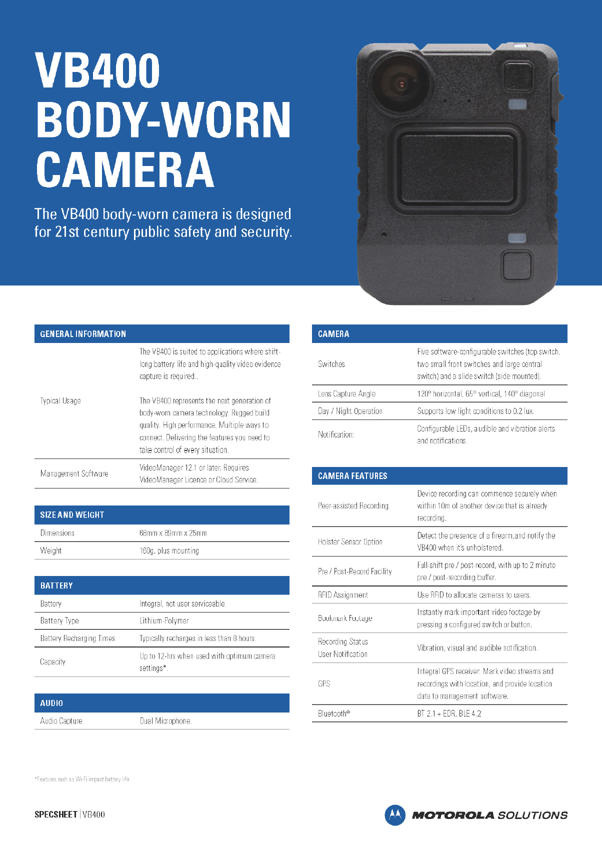 VB400 Body-Worn Camera Spec Sheet