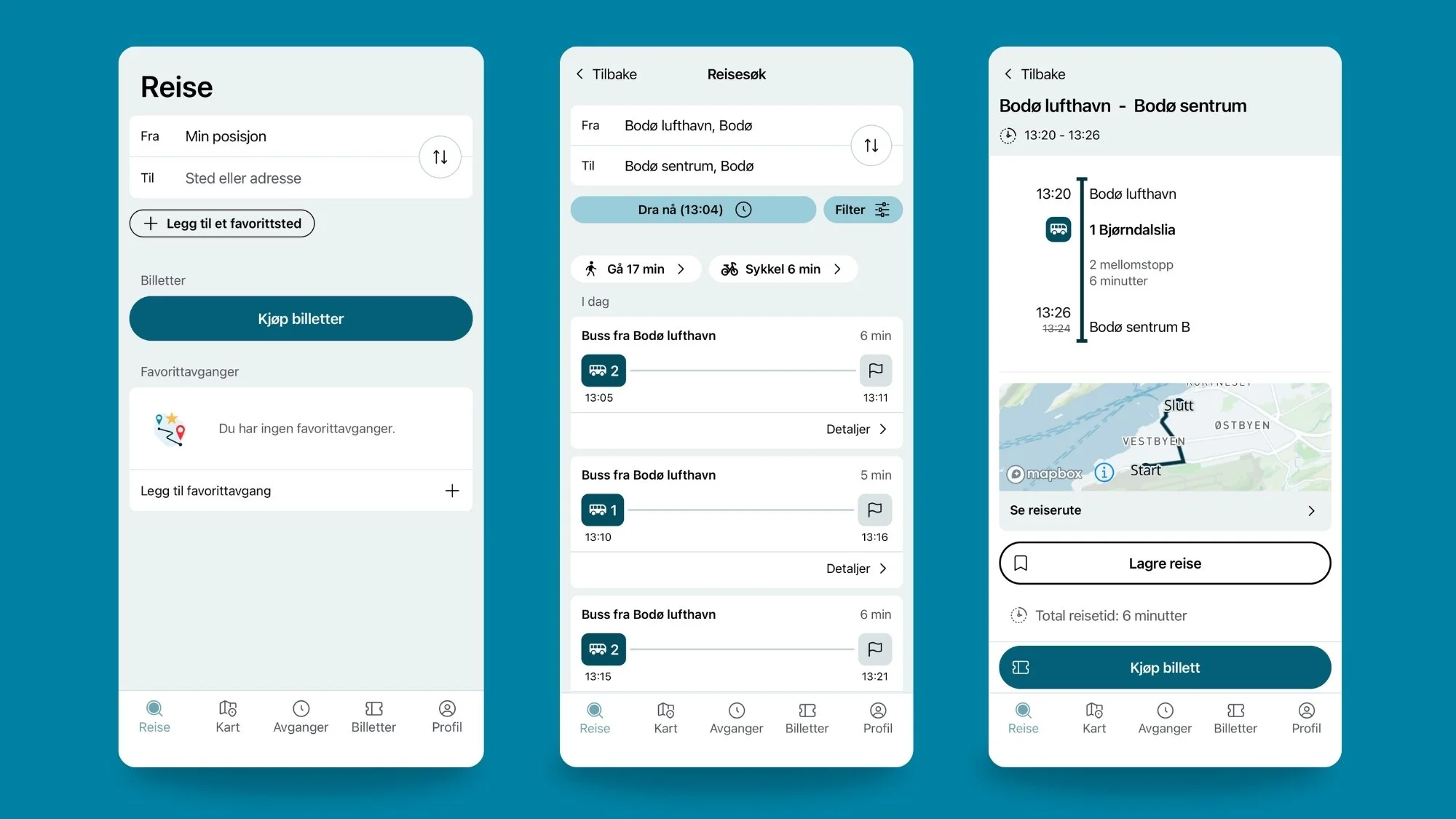 Skjermbilder av appen som viser planlegging av  reise