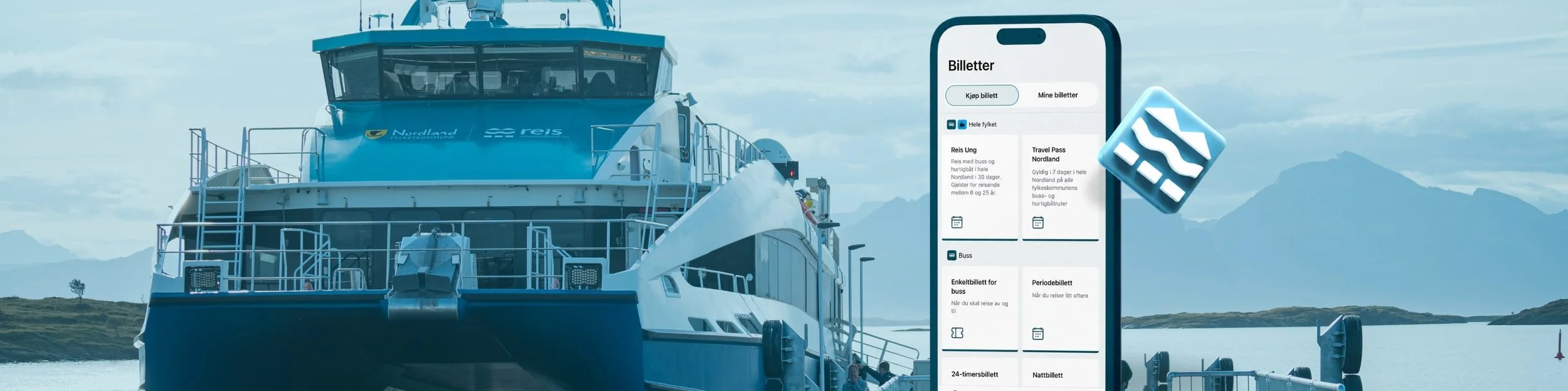 Mobil med Reis-appen foran en hurtigbåt ved kai i Nordland