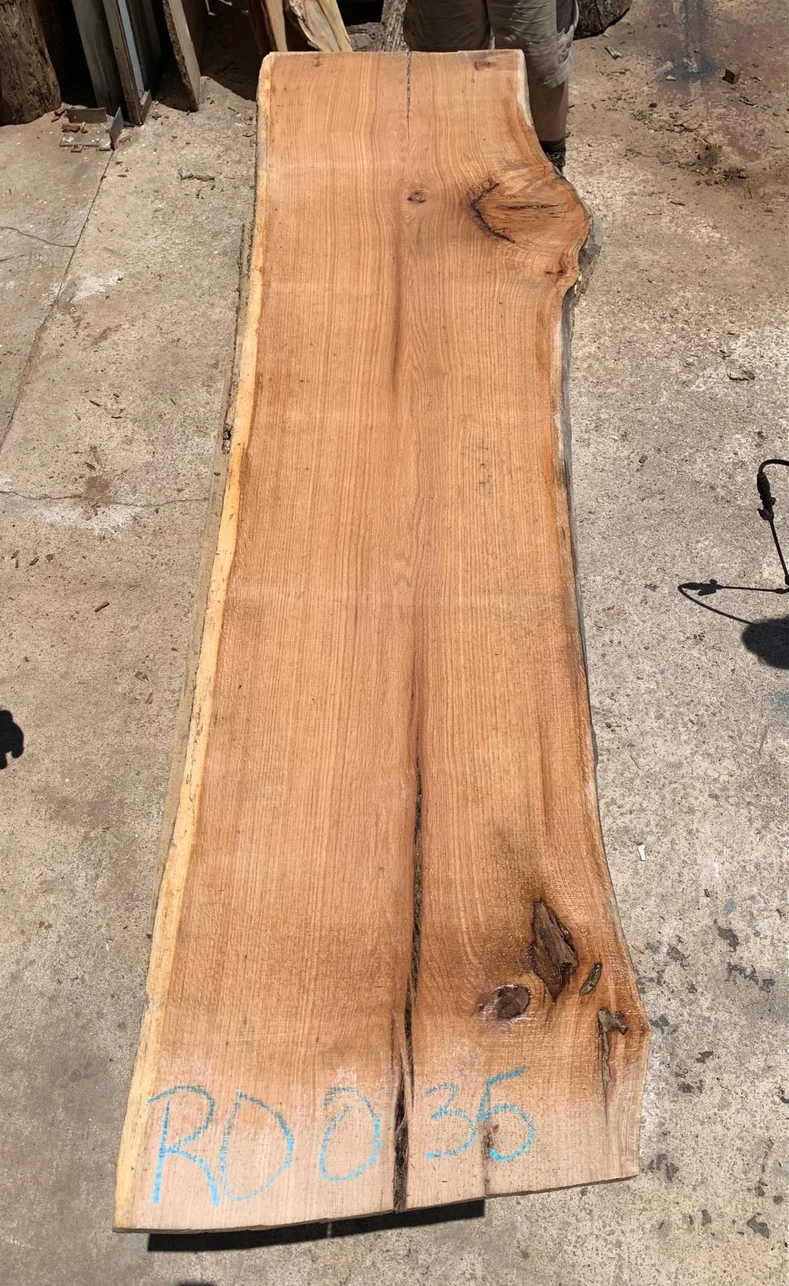 96" long x 27" 13" wide x 2 1/4" thick Red Oak Live Edge Slab. Kiln