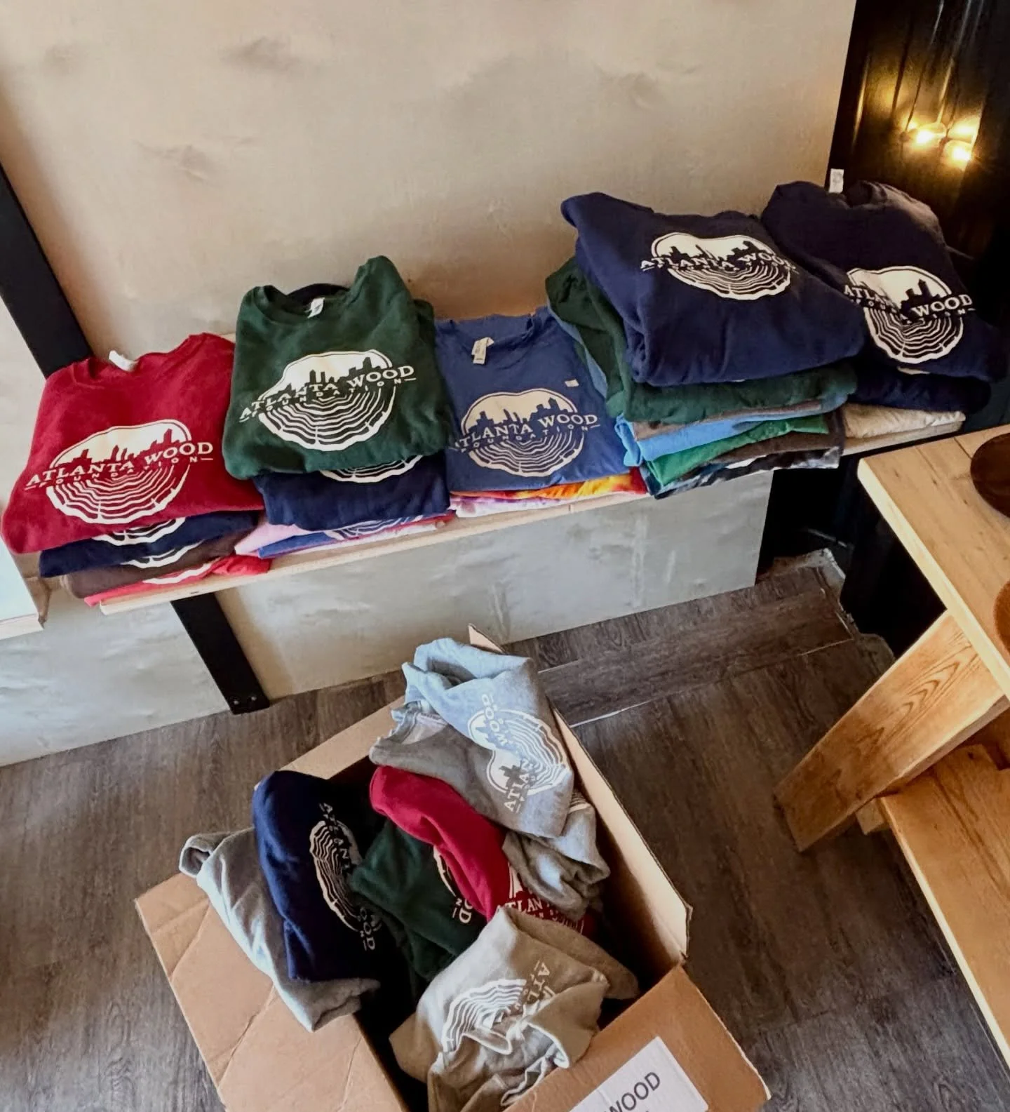 Stocking the Maker Box with some new merch. We got a fresh batch of hoodies, crew neck sweatshirts, and t-shirts, from Small to 2XL. 6 new gorgeous bowls by Ben in Spalted White Oak and Siberian Elm, new crocheted cat ear hats and small bags by one o