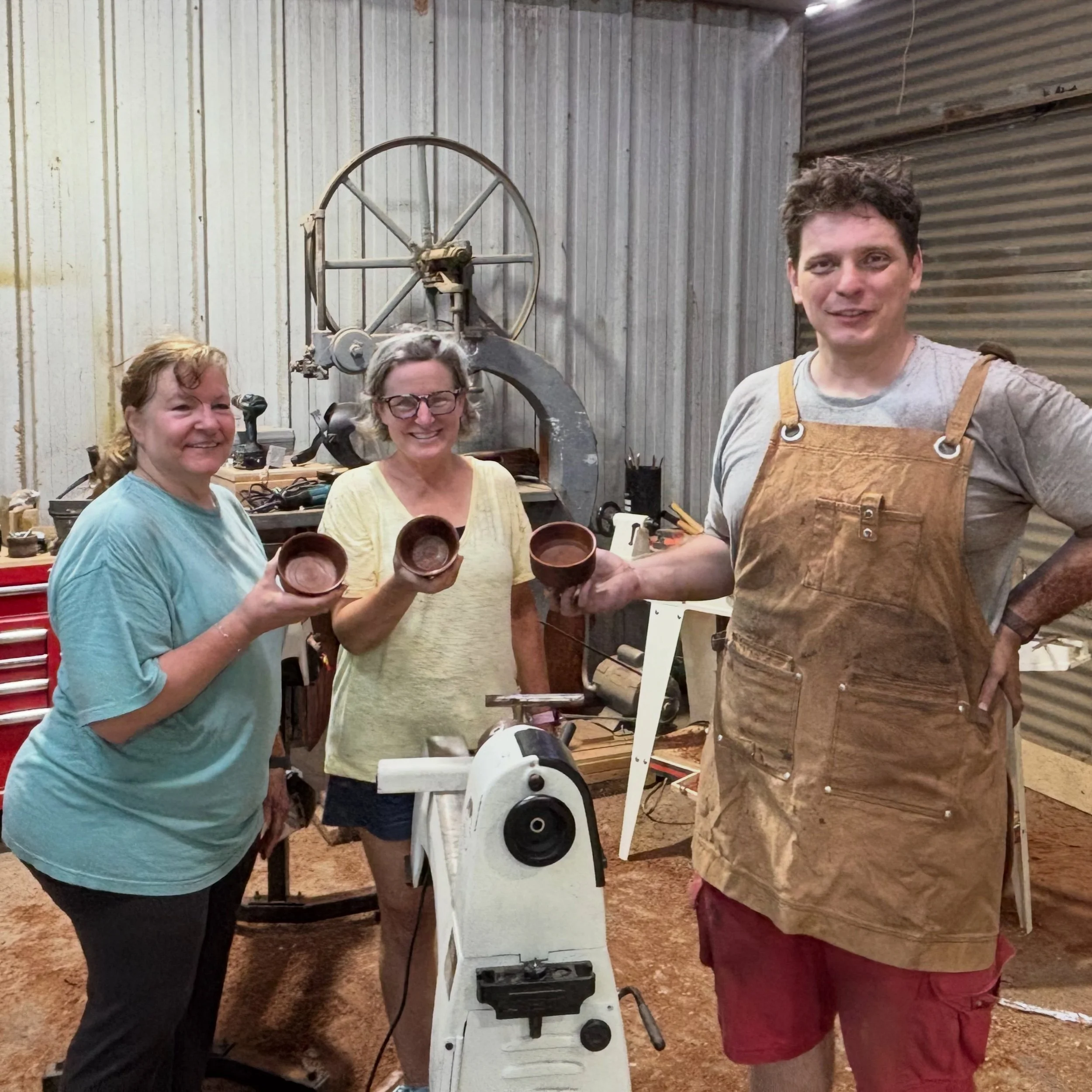 Yesterday was a turning good time! Hot, but good!! Neither of these ladies had ever tried turning before, and they each made a gorgeous Walnut spindle piece and a Sapele bowl! @jamesrgurney is such a great teacher, thank you James for another wonderf
