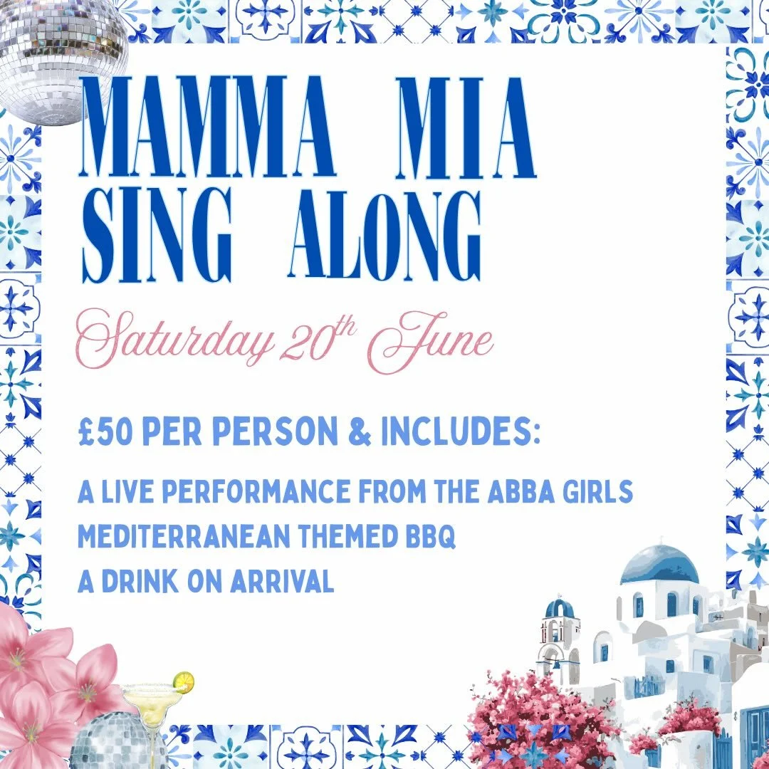 Mamma Mia Tribute night and Sing along Party 🪩
Here we go again! 🥂
For a night of glitter, disco, and Abba magic, where the dancing queen in you takes centre stage... 💃 &pound;50 per person &amp; includes: A live performance from the Abba girls Me