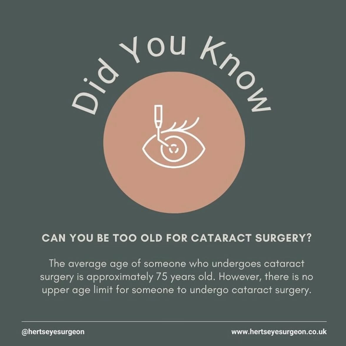 Can I be too old for cataract surgery?
👀
The short answer by our member @hertseyesurgeon is, no! 
🫶
A cataract is an ageing of the natural lens in the eye, causing blurred vision. The average age of someone who undergoes cataract surgery is approxi