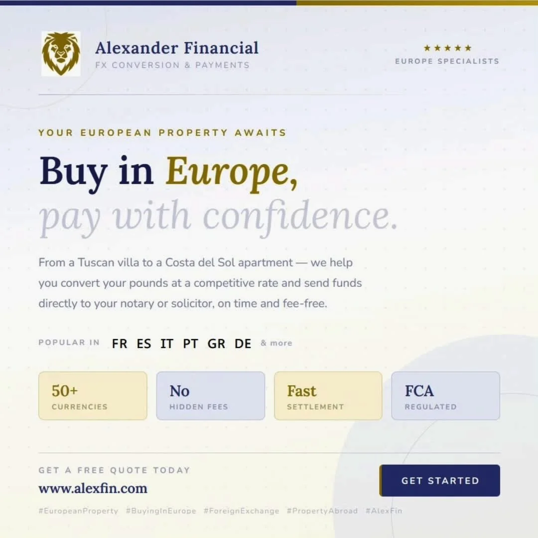 🏡 Buying property in Europe? 🌍

Whether you&rsquo;re purchasing a holiday home, investment property, or relocating abroad, managing international payments can be one of the most complex parts of the process. With our member @alexfinfx , you can sav