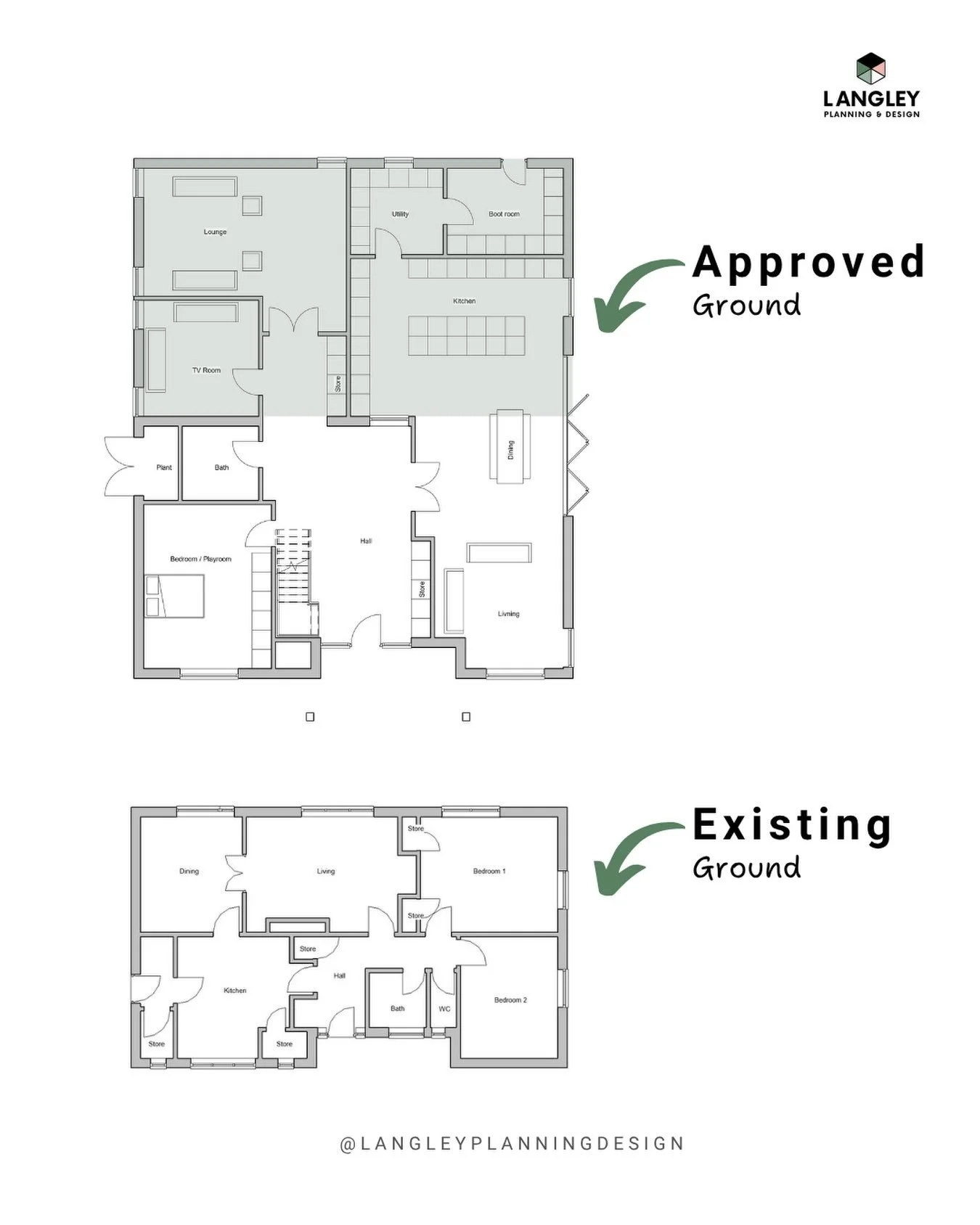 From planning approval to a stunning family home with our member @langleyplanningdesign. 
🏡
Back in 2020, these plans were approved for what was once a modest bungalow. Today, the project has been completed, proving just how much potential a propert