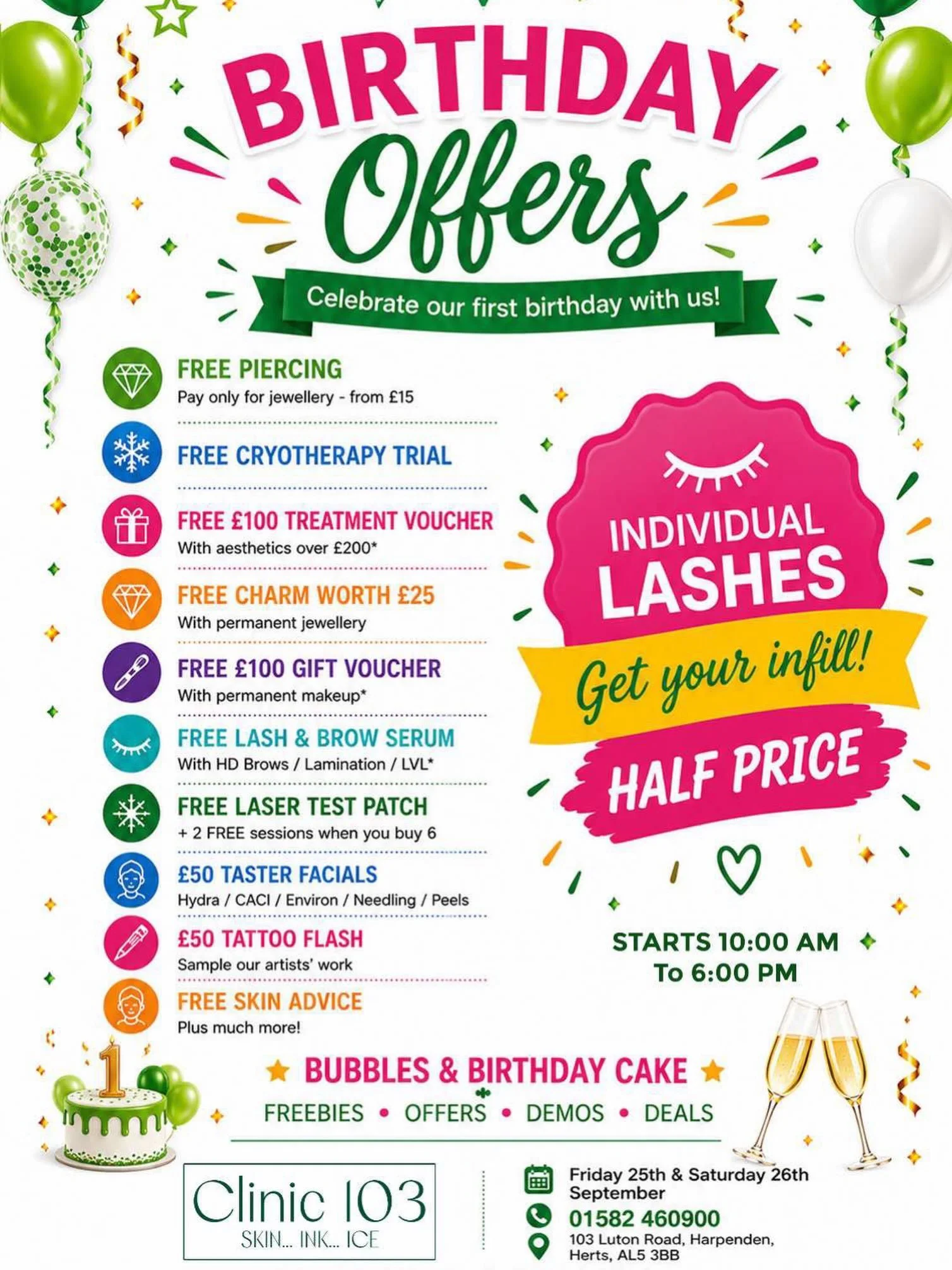 🎉 Clinic 103 turns 1! 🎉 

You are warming invited to celebrate our member @clinic103harpenden on 25th &amp; 26th September, 10am&ndash;6pm, as they turn 1! 
🥂
They&rsquo;ll have exclusive offers and heavily discounted treatments across both days.
