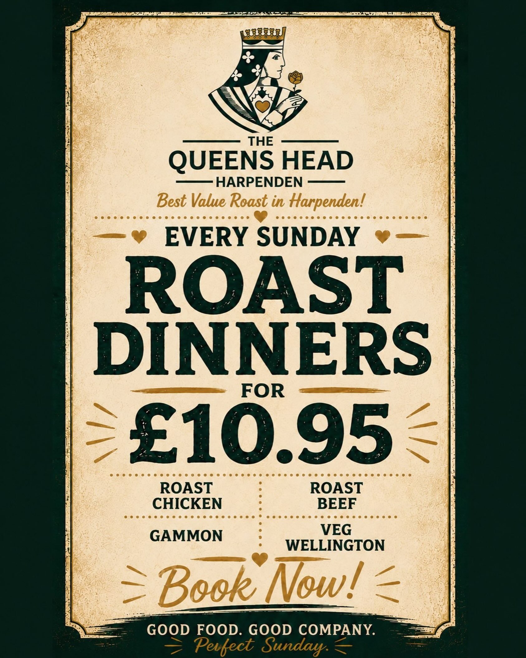 🍽️ Sundays are for roasts! 🍽️ 

Join our member @thequeensheadharpenden for a proper Sunday roast, with all the trimmings, for juts &pound;10.95.
🥩
Choose from roast beef, roast chicken, roast gammon or vegetable Wellington, all served with the cl