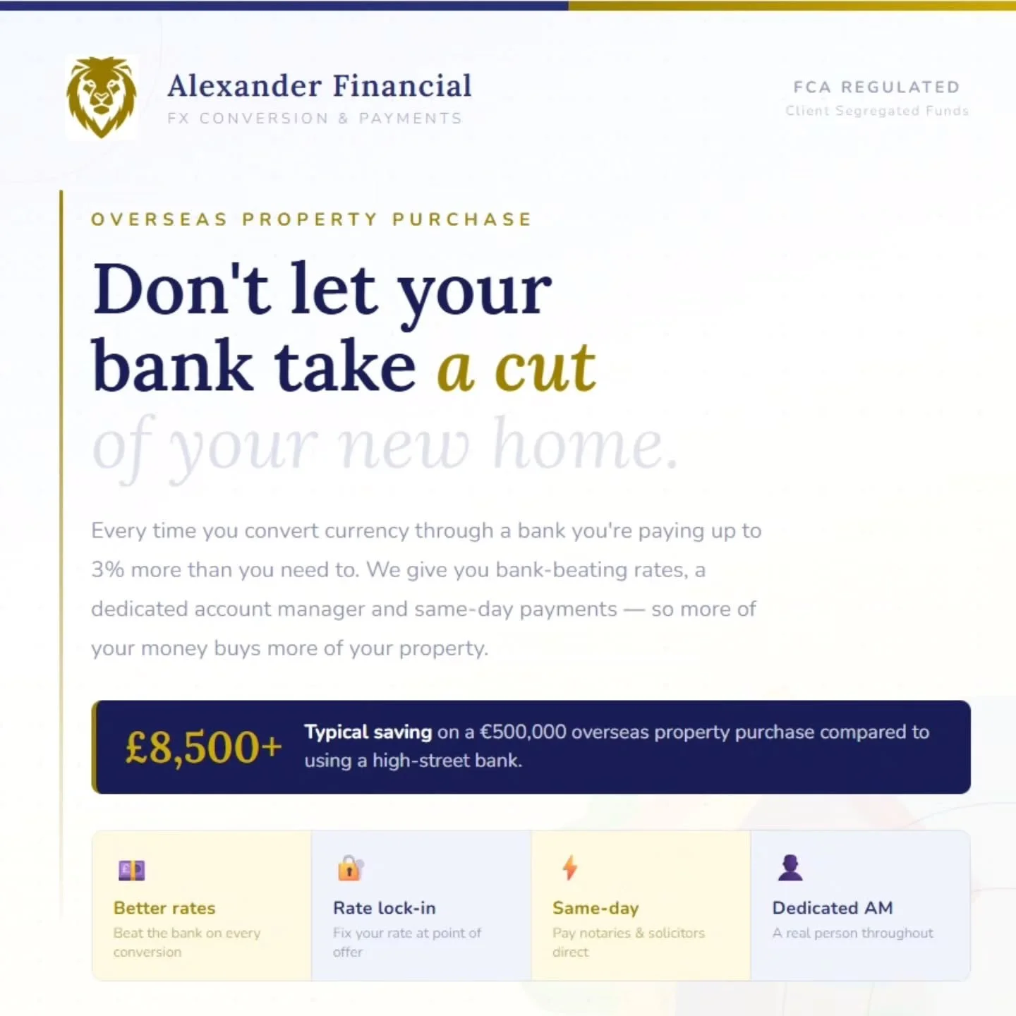 🏡 Buying property overseas? Don&rsquo;t let your bank take a cut of your dream home. 🏡 

When you&rsquo;re moving large sums internationally, the exchange rate can make a huge difference. 
💰
With our member @alexfinfx you can benefit from:
- Compe