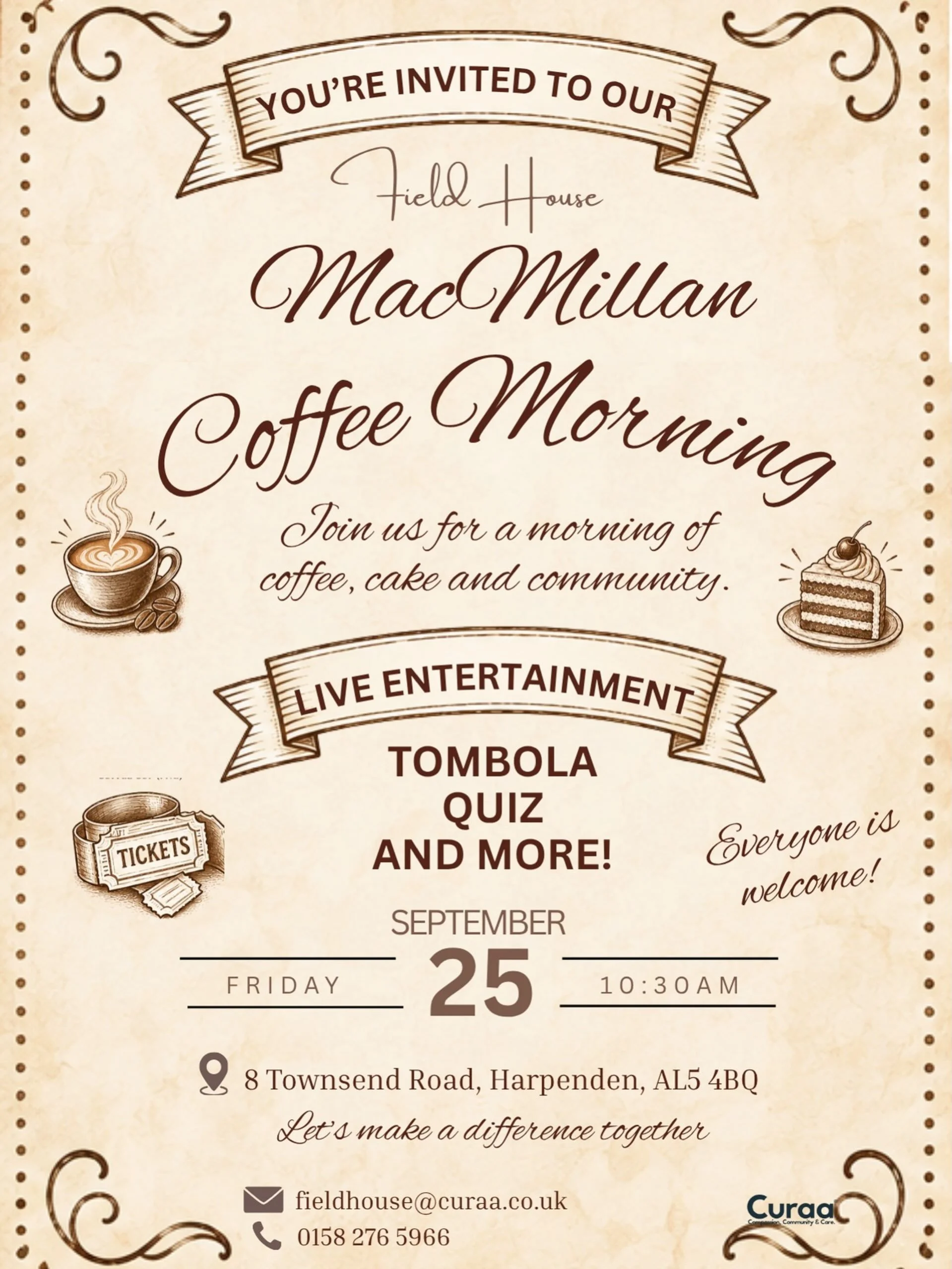 Join our member @curaa_group for their Macmillan Coffee Morning! 
☕
@curaa_group are delighted to be hosting a special Macmillan Coffee Morning at Field House Harpenden on Thursday 25th September from 10:30am.
🍰
Come along, enjoy a cuppa and some de