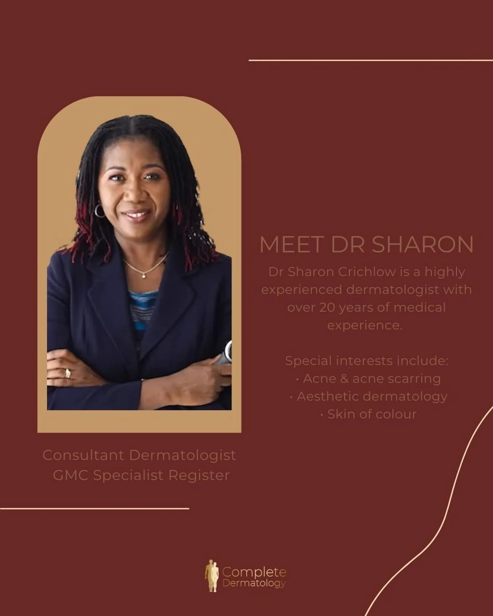 Meet our member Dr Sharon Crichlow at @drsharoncrichlow 
👋
Complete Dermatology are proud to have Dr Sharon Crichlow, a highly experienced Consultant Dermatologist on the GMC Specialist Register.
🥼
Dr Crichlow completed her undergraduate medical tr