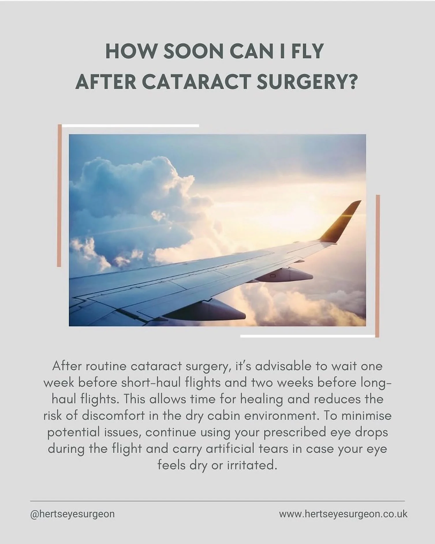 ✈️ Wondering how soon you can fly
after cataract surgery? ✈️ 

Consultant Ophthalmologist and our member @hertseyesurgeon advises:
- Short-haul flights: wait at least 1 week
- Long-haul flights: wait at least 2 week
👁️
This allows time for your eyes