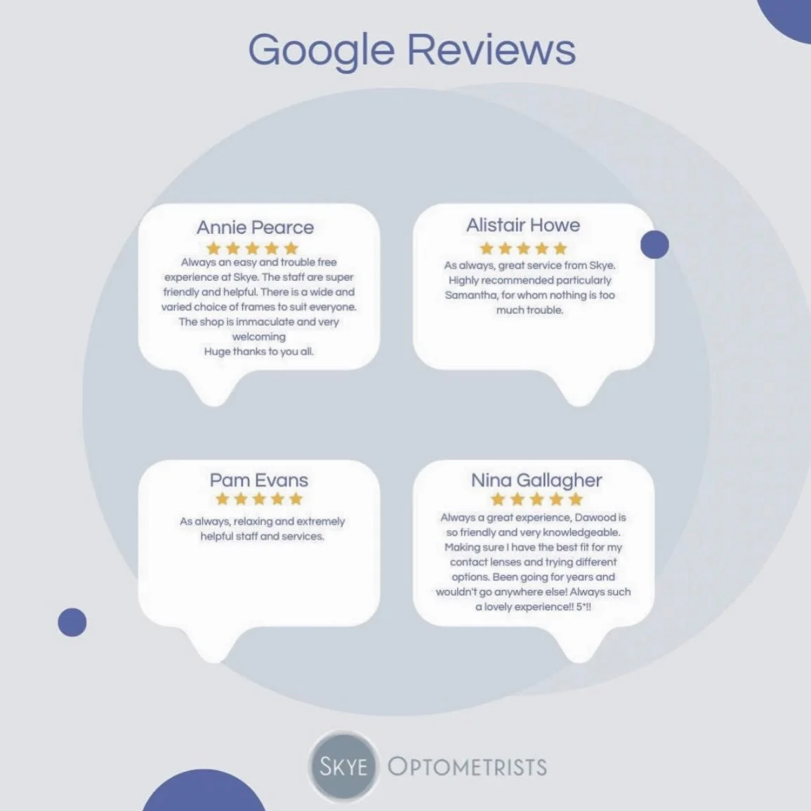 What do patients say about their experience with our member @skyeoptometrists ?
👓 
Here&rsquo;s a little snapshot of some of the lovely feedback they&rsquo;ve received recently.
🌟 
@skyeoptometrists are so grateful to everyone who takes the time to