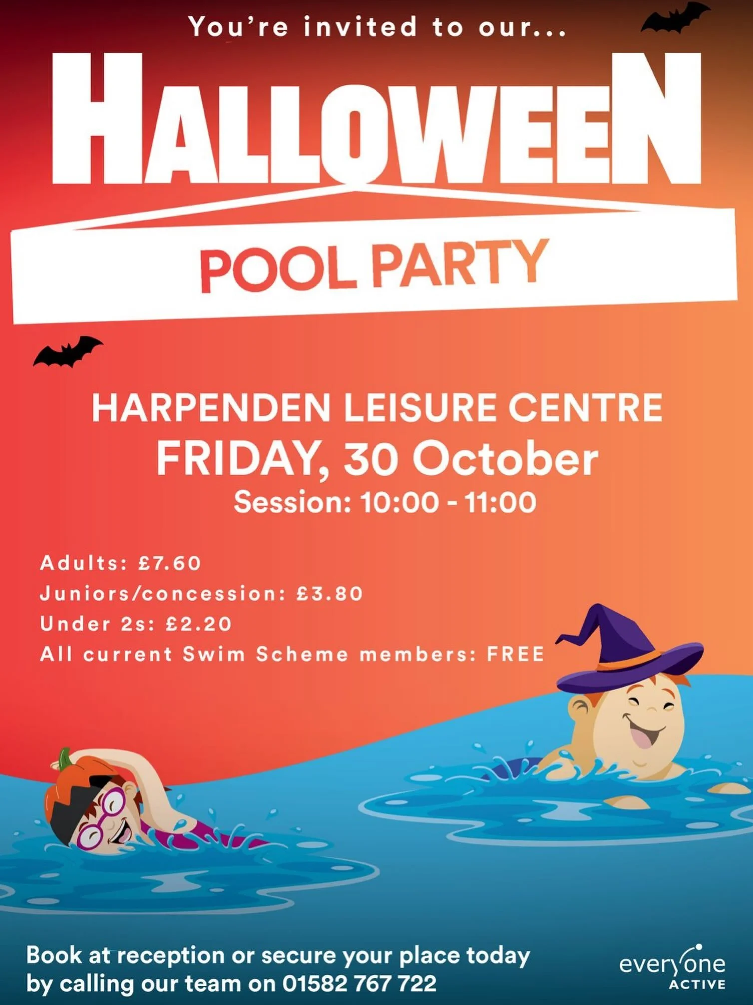 Harpenden Leisure Centre&rsquo;s Halloween Pool Party
💦
Friday 30th October
10:00am till 11:00am
👻
Come and have a &lsquo;Thriller&rsquo; of a time with the family this half term at our Halloween-themed Pool Party! Join @everyoneactive_harpenden fo