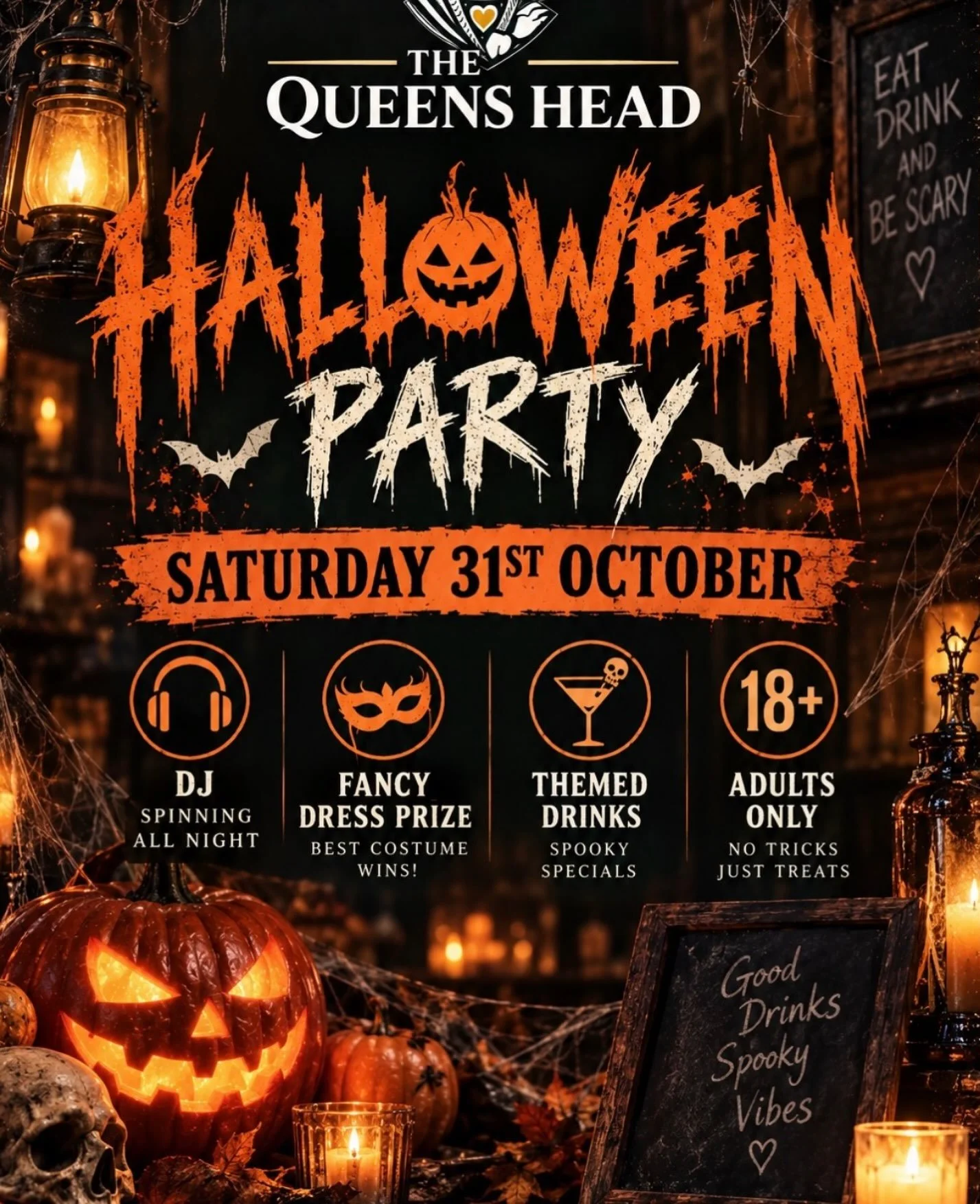 🎃 Something wicked is coming to @thequeensheadharpenden 👻

Join them this Halloween for a frightfully good night of DJ tunes, themed drinks and fancy dress. 🕷️🍸

🏆 Fancy Dress Prize &mdash; come dressed to impress&hellip; or terrify!
🔞 Adults O