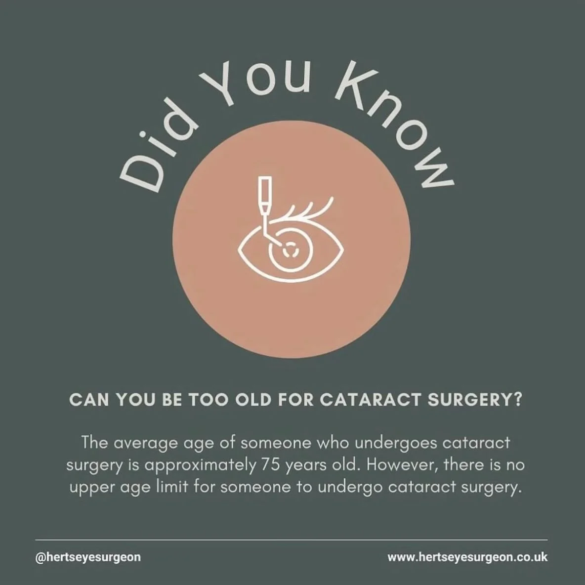 Can I be too old for cataract surgery?
👀
The short answer by our member @hertseyesurgeon is, no! 
🫶
A cataract is an ageing of the natural lens in the eye, causing blurred vision. The average age of someone who undergoes cataract surgery is approxi