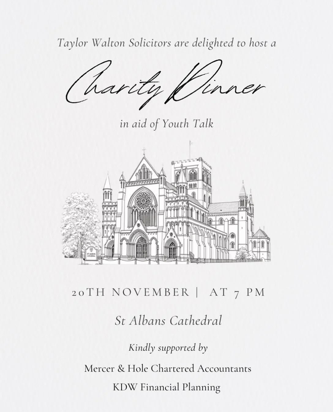 Our member @twsolicitors are delighted to be hosting a very special evening&nbsp;in the stunning surroundings of the iconic&nbsp;St Albans Cathedral on Friday 20 November&nbsp;to help raise vital funds for Youth Talk, our Charity of the Year.&nbsp;
&