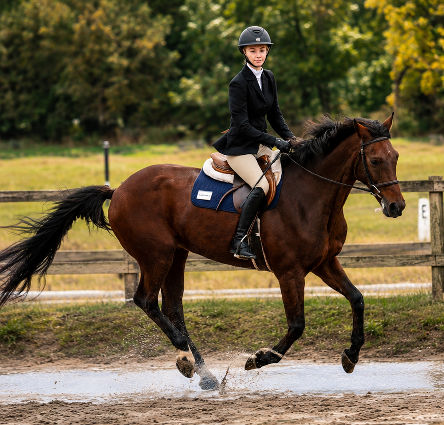 A woman riding a brown horse at a trot on a dirt path outdoors with trees in the background.
