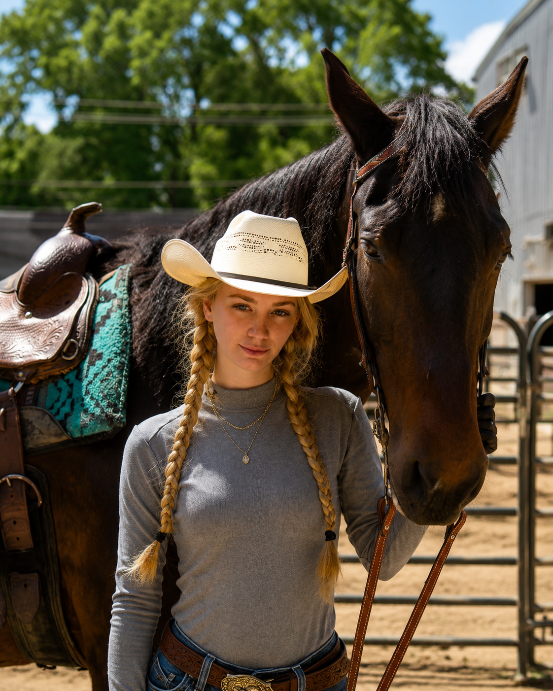 A young woman with long blonde braids and a white cowboy hat standing next to a brown horse with a saddle and colorful saddle blanket, outdoors on a sunny day with trees in the background.