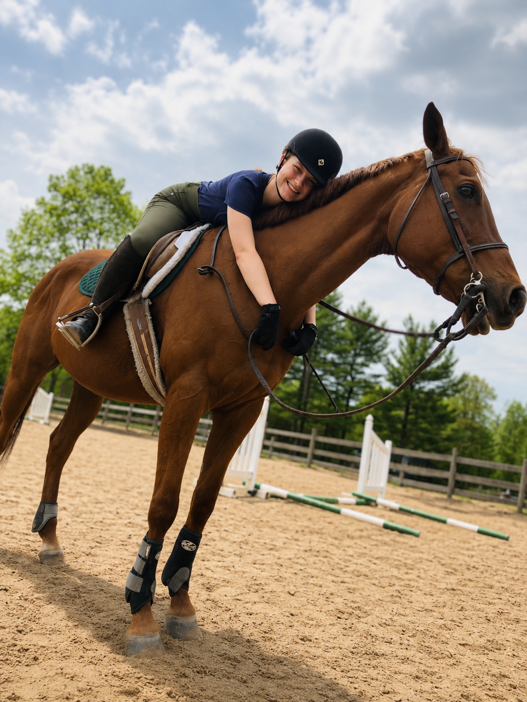 A young woman in riding gear smiling while riding a brown horse during daytime in an outdoor riding arena.