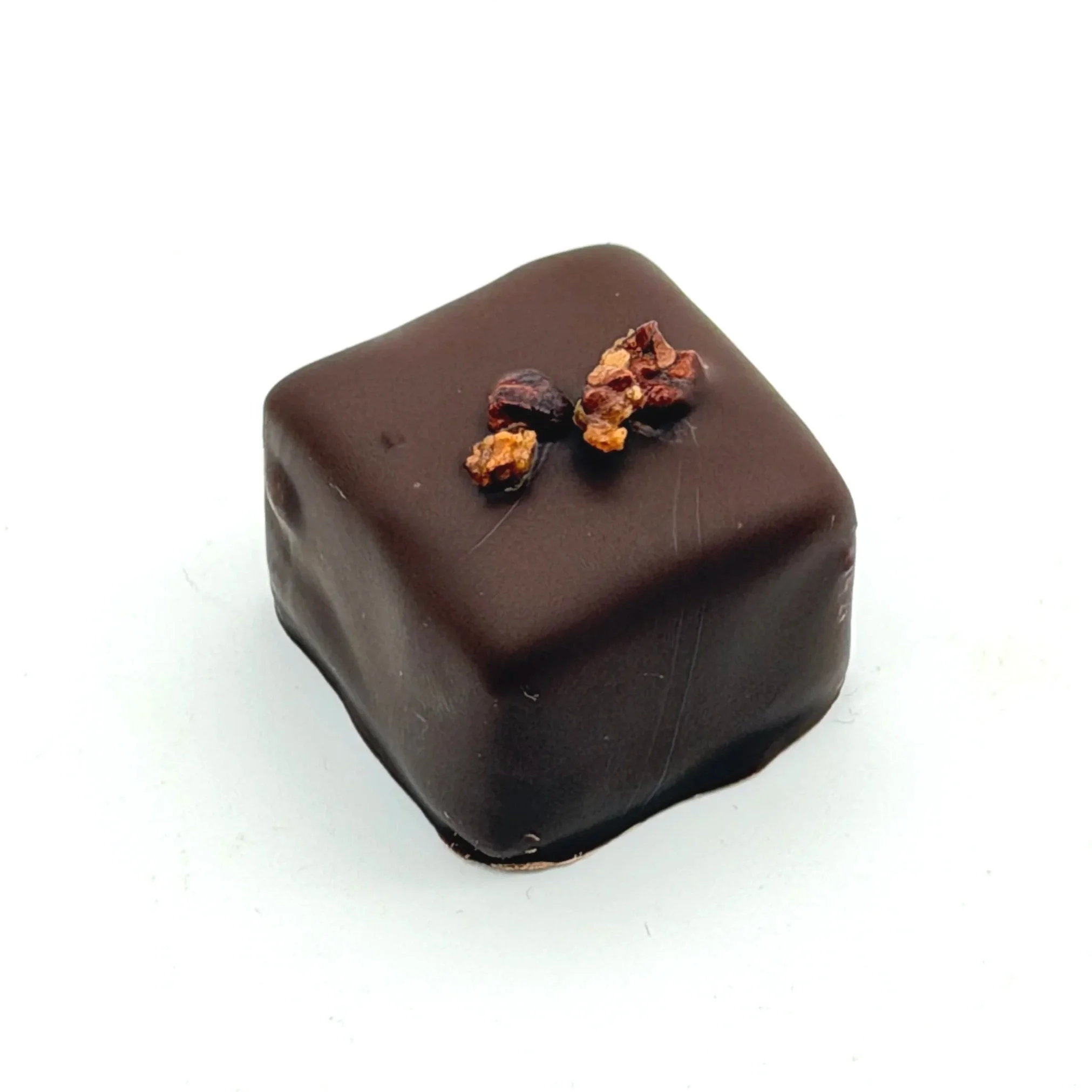 dark chocolate square with cocoa nibs