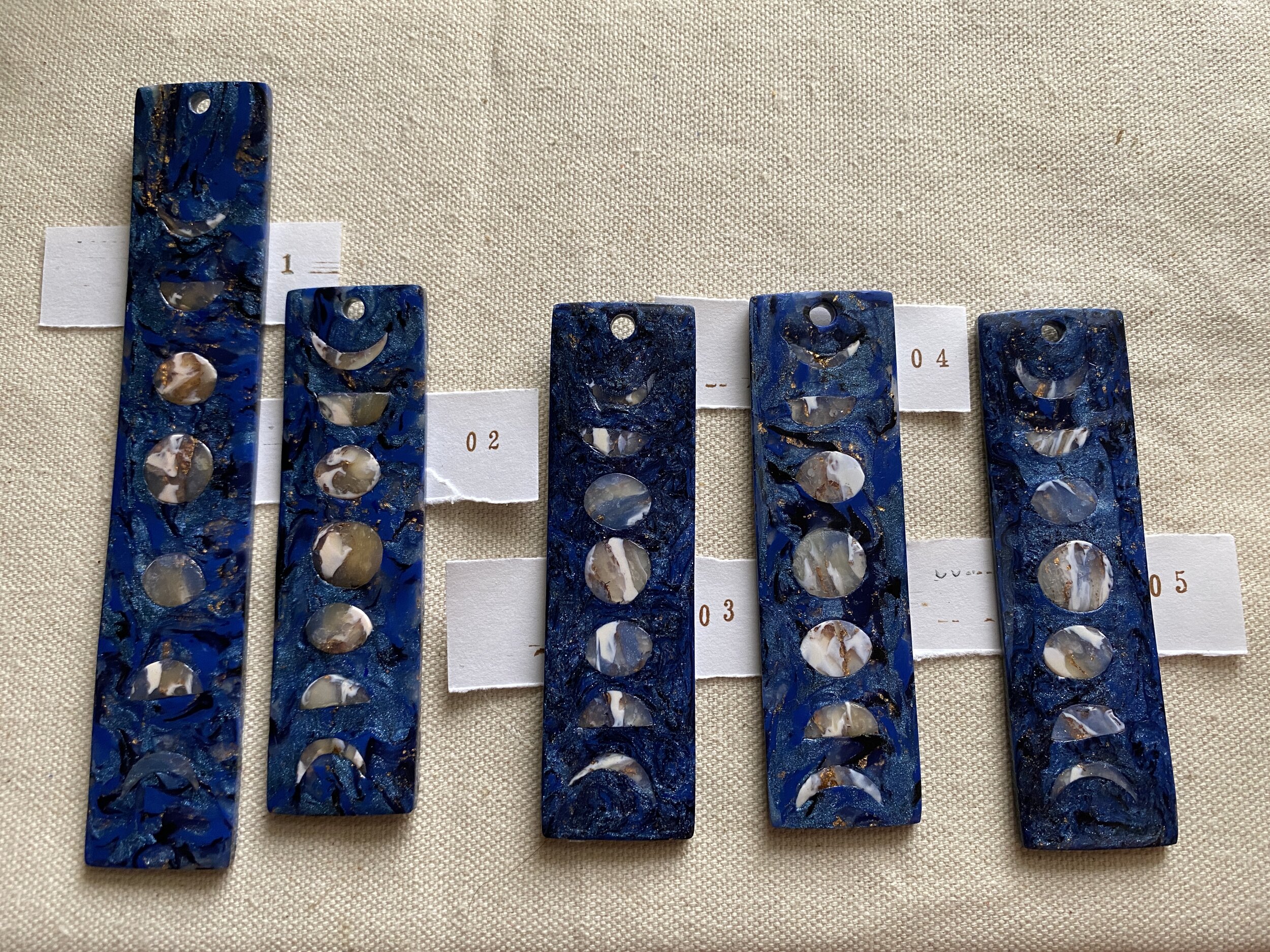 Bookmark - Polymer Clay - Moon Cycles - Lt & Dk Blue Marbling with Gold Leaf