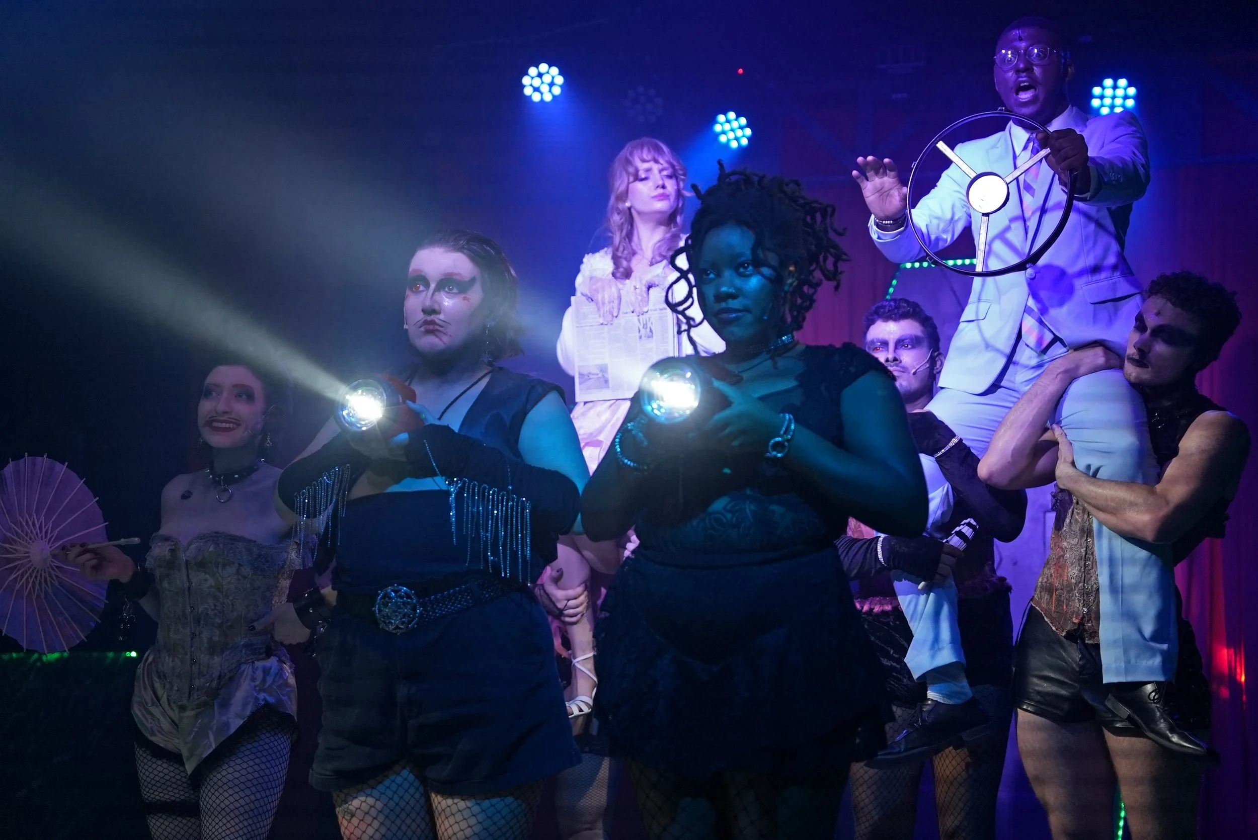 Painted flashlights to be in theme; handmade steering wheel from an old drum head; Rocky Horror, 2025, Actors Theatre of Little Rock 