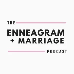 Logo for The Enneagram + Marriage Podcast with black and pink text on a white background
