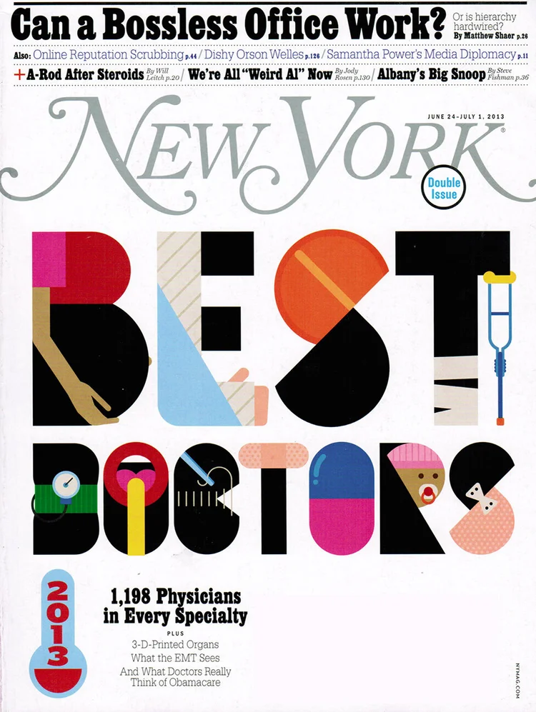 New York magazine Best Doctors cover with colorful lettering, 2013