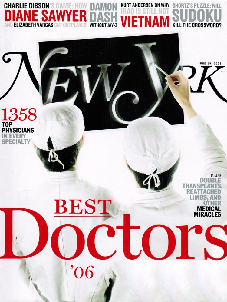 New York magazine Best Doctors cover with a black-and-white portrait, 2006