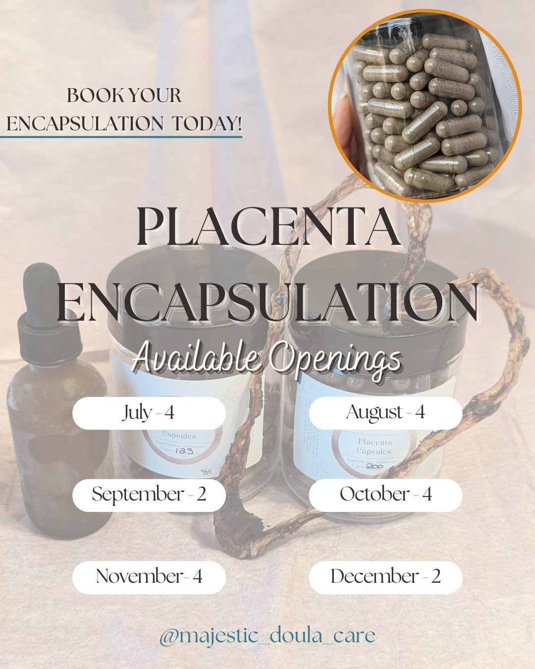 Did you know that I offer Placenta Encapsulation and Placenta Tincture services? If you're intrigued by the benefits of placenta pills and tinctures, or if you're thinking about getting yours done, feel free to send me a message or click the link in