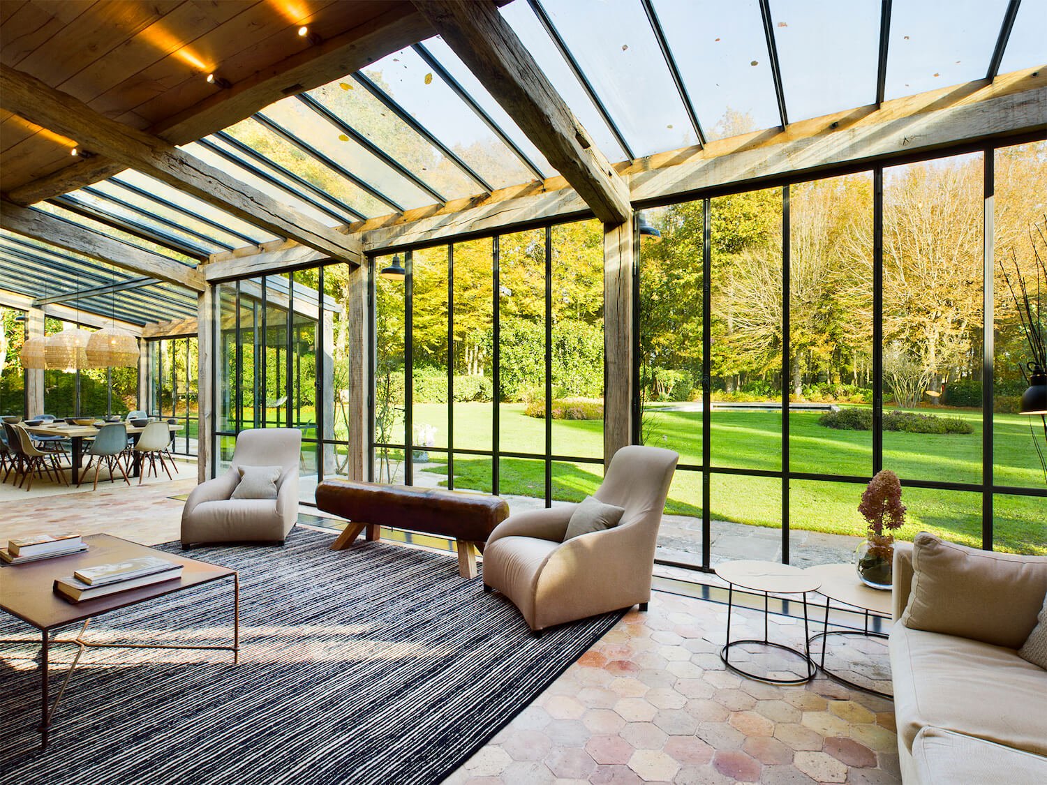 large, bright living room with glass roof