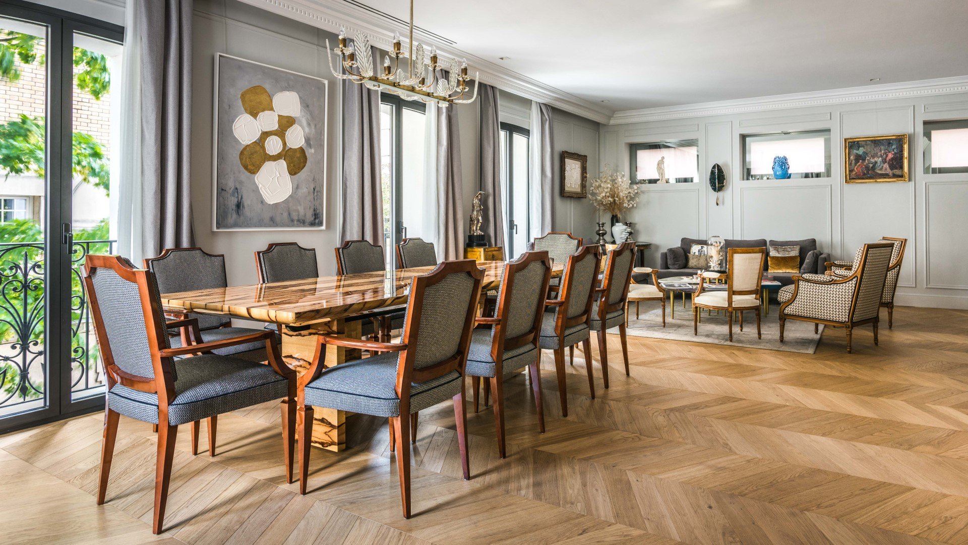 Dining room and living room of the luxury home Homanie Paris Mandel