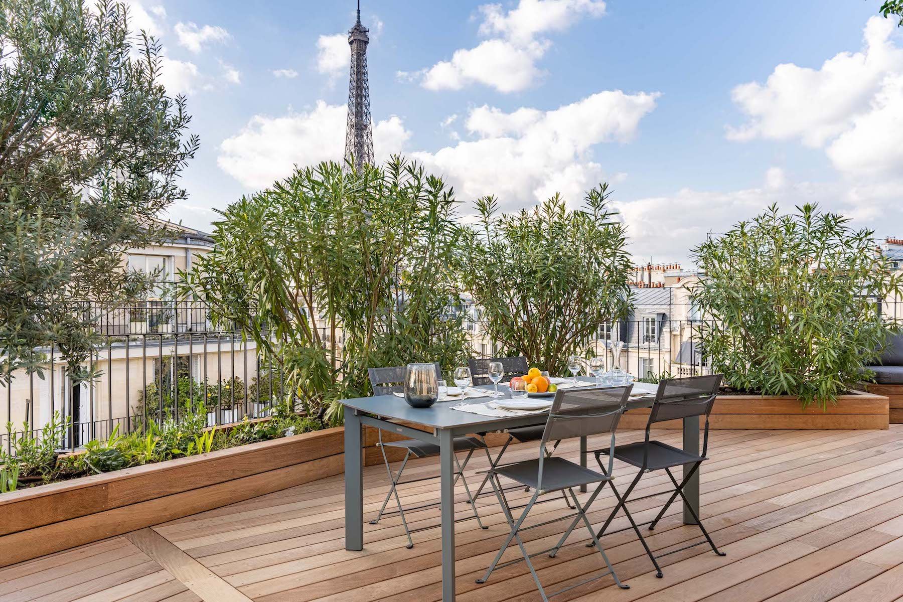 large furnished terrace luxury apartment eiffel tower view