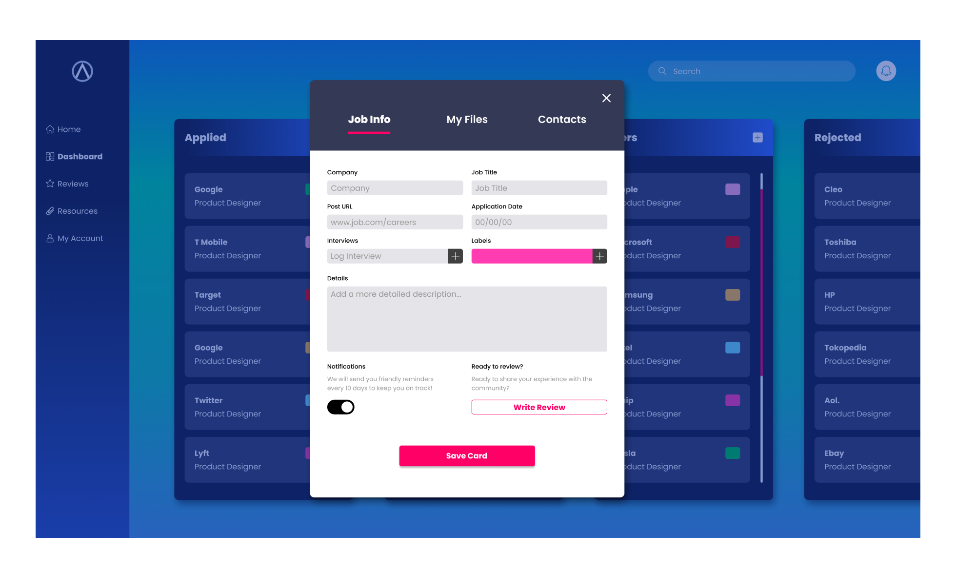 Iterations:Simplified card creation to a one-step process.Result: Decreased task time from 12 seconds to 7 seconds to create a card to track a job application.Task success rate now 100%.Added a feature to log multiple interview rounds.Added button f…