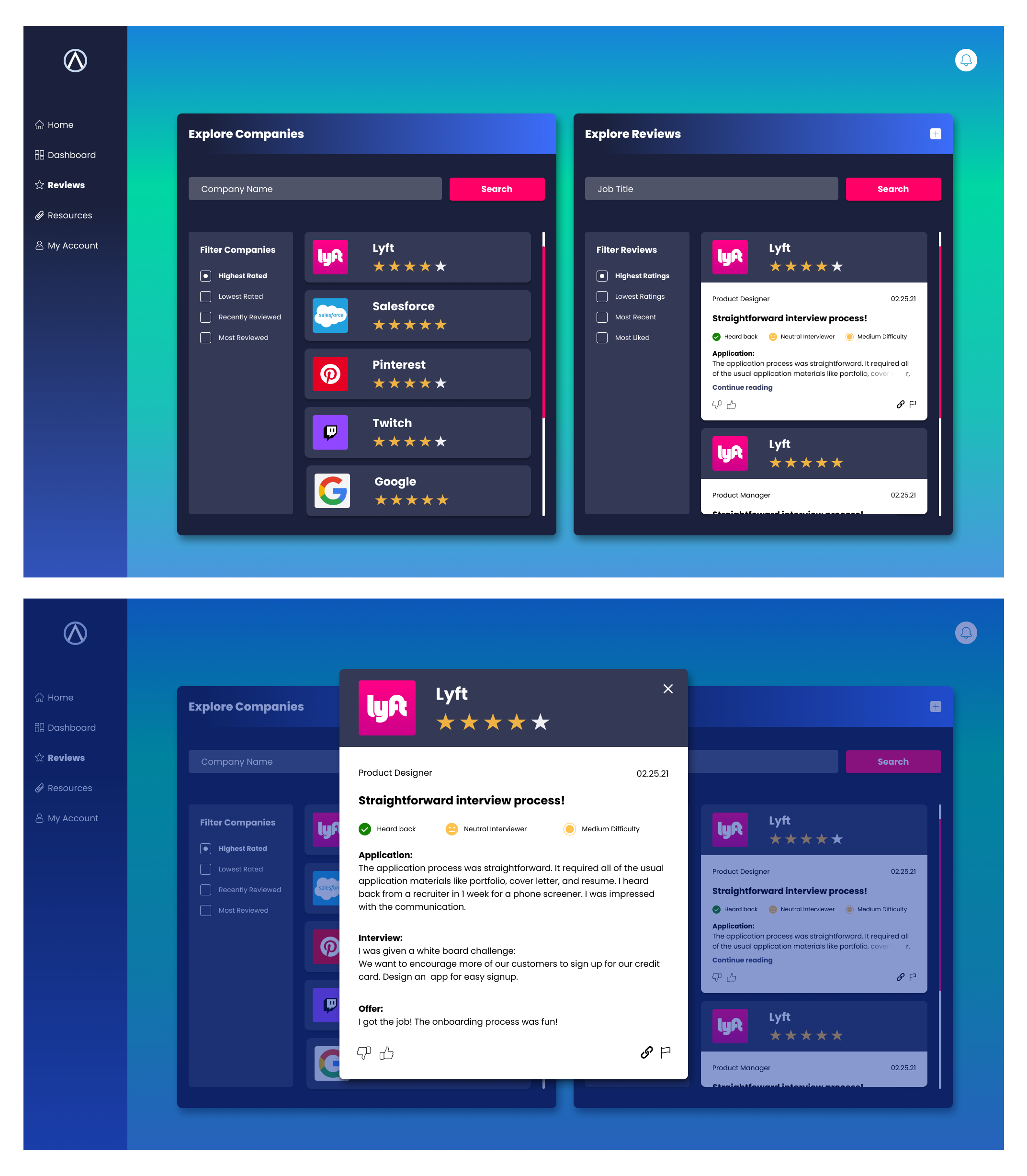 IterationsRedesigned the Reviews screen so that the “Explore Companies” search and “Explore Reviews”  search is on the same screen. Also modified the individual company review to list the entire review (application, interview, and offer reviews) on …