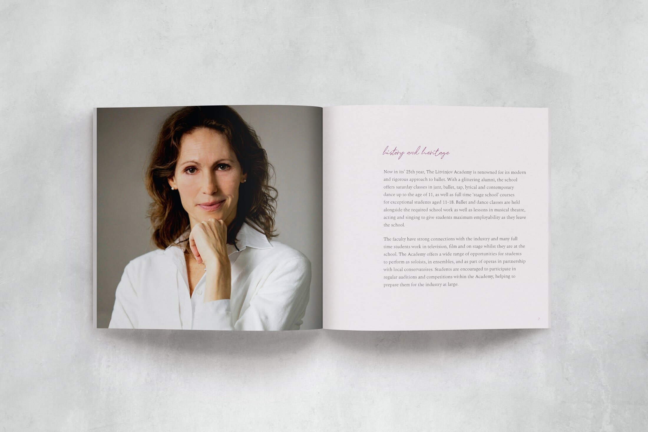 With a matte laminated cover, and beautifully textured GF Smith paper for the inside pages, the prospectus sets the tone for the prestigious, disciplined and aspirational experience that a student and parent will have when interacting with the academ