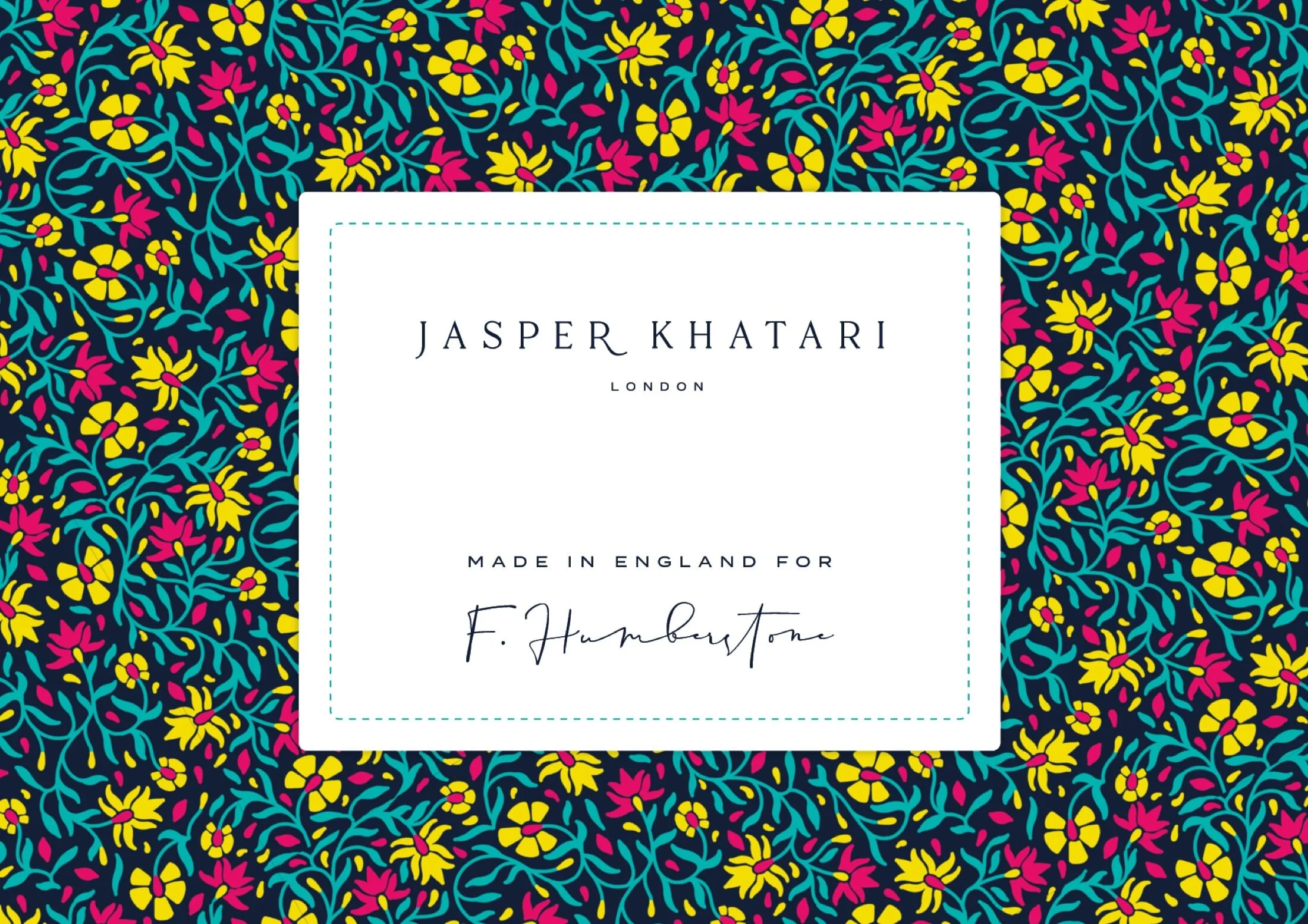 On the inside of bespoke suit jackets, the woven labels provide a stark contrast to Jasper’s dramatic signature pattern printed onto the silk. Each label is hand embroidered with the client’s name in Jasper’s handwriting for an extra special touch. C