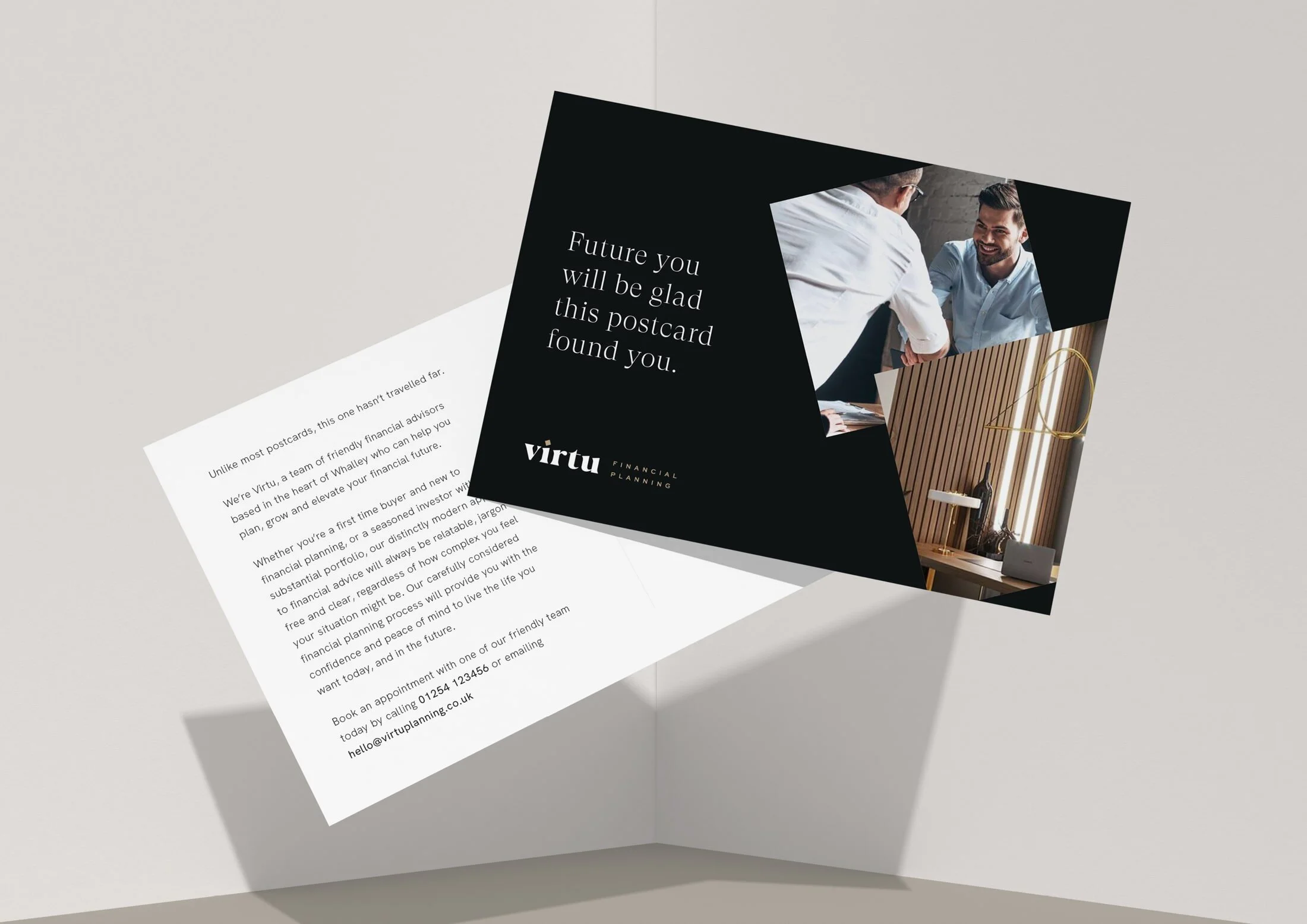 Creating intrigue around who Virtu are, these postcards aimed at prospective clients give an insight into the friendly, relatable, and approachable process that they offer.