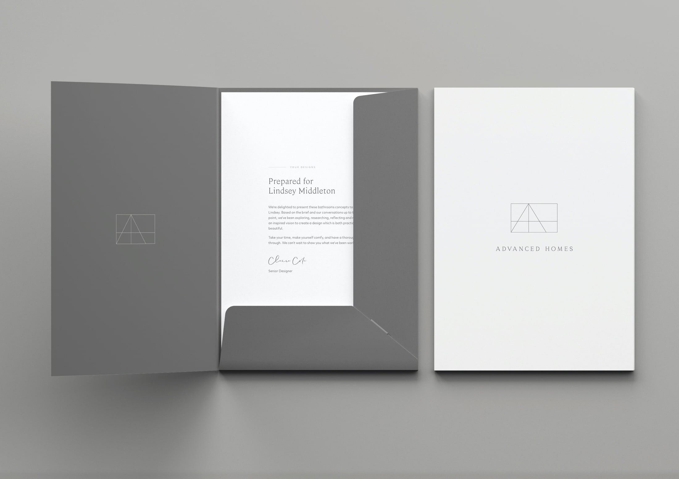 Presenting ideas to clients is both an art and a science. As well as the content itself, the paper quality, texture and design all combine to create a subliminal feeling. The beautifully presented and thought out folder design is a key part of creati